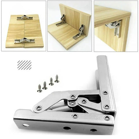 2 Pack 90 Degree Self Locking Folding Hinges for table legs and chairs, showing installation on wooden panels