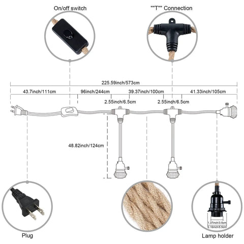 Diagram of Triple Pendant Light Cord Kit With Independent Switch Hemp Rope Vintage Hanging Fixture for E26 Bulbs, measurements included