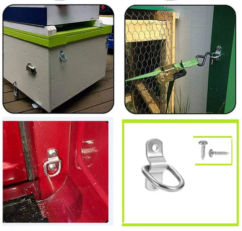 Top Shelf 304 Stainless Steel D Ring Tie Down Anchor Quarter Inch Heavy Duty Truck Haul Gear installed in various locations.