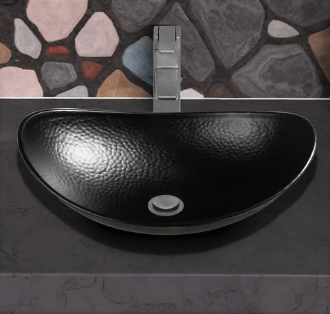 19 Inch Harbor Vessel Sink for Bathroom, Above Counter Hand Hammered Matte Black Aluminum Vanity Basin, Sleek