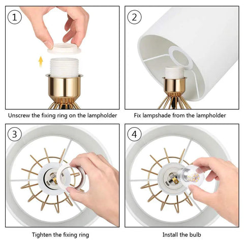 Assembly guide for Gold Table Lamp For Desk And Nightstand Modern Style Desk Light With Hollow Base And Linen Fabric Shade.