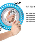 Big Kite Reel With Brake For Easy Outdoor Flying Pro Grade 10.6 Inch String Winder shown with hands operating, blue color.
