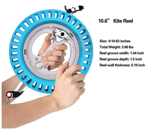 Big Kite Reel With Brake For Easy Outdoor Flying Pro Grade 10.6 Inch String Winder shown with hands operating, blue color.