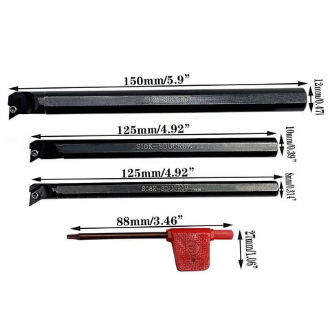 Right Hand 95 Degree Internal Turning Boring Bar Set With Three Holders And 10 DCMT21.51 Inserts For Steel And Stainless Steel Machining displayed