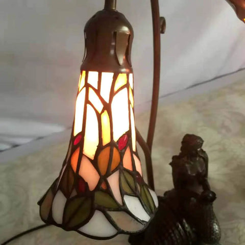 Mermaid And Lily Flowers Tiffany Style Stained Glass Accent Table Lamp 20 Inch Tall Elegant Nightstand Light With Warm White Glow