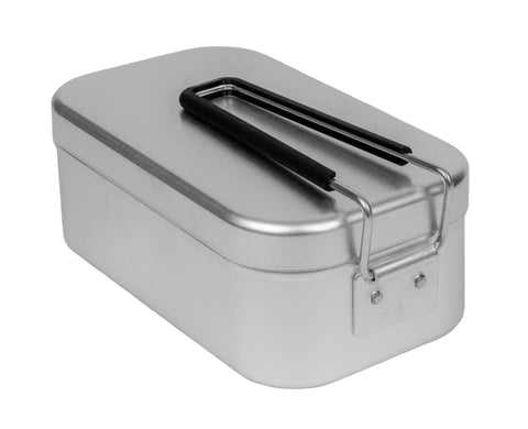 Aluminum Mess Tin With Lid And Handle For Camping And Backpacking, Lightweight Silver Mess Kit, 6.5x3.5x2.6 inch, angled view