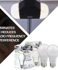 Garage Door Opener LED Bulb 4000K White, 2-Pack, shown with packaging, fits any brand, reduces interference, bright light