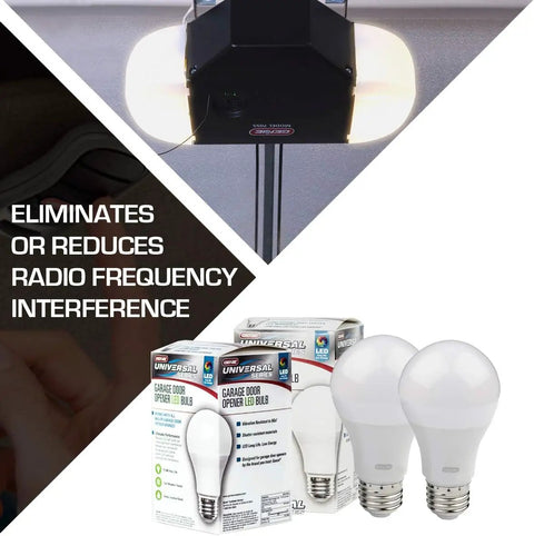 Garage Door Opener LED Bulb 4000K White, 2-Pack, shown with packaging, fits any brand, reduces interference, bright light