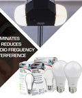 Go-To 4000K White LED Garage Door Opener Bulbs, 2 Pack, shown installed in a garage door opener and in packaging, vibration resistant.