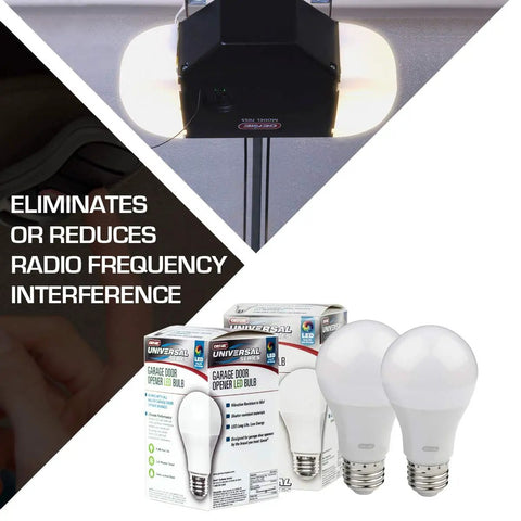 Go-To 4000K White LED Garage Door Opener Bulbs, 2 Pack, shown installed in a garage door opener and in packaging, vibration resistant.