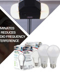 Garage Door Opener LED Bulb 4000K White, 2-Pack, shown installed and in packaging