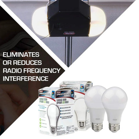 Garage Door Opener LED Bulb 4000K White, 2-Pack, shown installed and in packaging