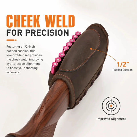 Adjustable Cheek Riser Rifle Stock Pad With Leather Protection And Eight-Round Ammo Holder on wooden rifle stock