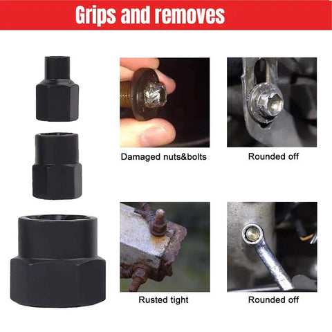 Knuckle Buster 15 Piece Impact Socket And Extraction Toolkit For Gnarled Bolts showing sockets gripping damaged nuts and bolts.