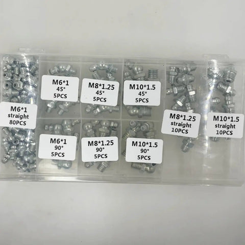 260 Piece Grease Fitting Assortment Kit With Galvanized Iron Zerk Nipples Includes 90 and 45 Degree Angled Fittings Plus Straight Ones For Cars Trucks And Machinery Storage Box, labeled compartments