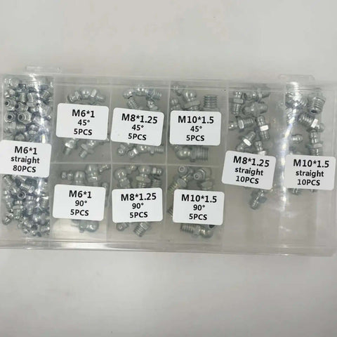 Top Notch 260 Pc Grease Nipple Kit For Cars. Galvanized Fittings Include Angled And Straight Zerk Nozzles To Lube Bearings Fast. Heavy Duty Hydraulic Grease Accessories Set That Saves Time And Keeps Your Ride Running Smooth Without The Hassle At Home Or. 260 pcs zerk fitting set in clear case, M6 M8 M10 straight and 45° 90° galvanized parts