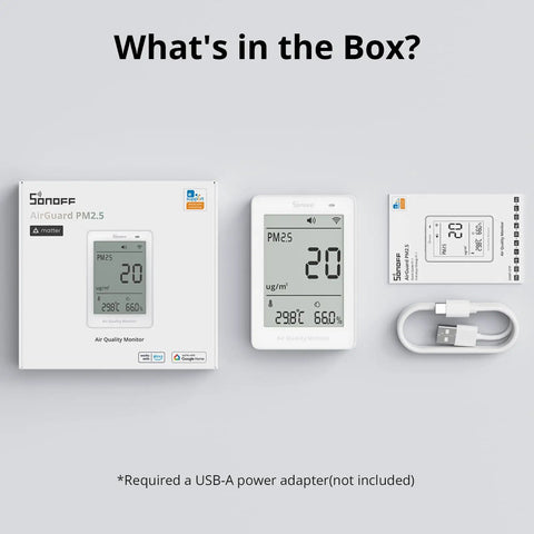 Smart Indoor Air Quality Monitor With PM2.5 PM10 Temperature And Humidity Sensor Real Time Display And Alerts Matter Compatible 2.4GHz WiFi 3.73 Inch Screen Ideal For Bedroom And Nursery, box contents