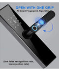 WiFi Smart Door Lock With Fingerprint Keyless Entry Electronic Security System App Control Passcode And IC Card Backup Built In Voice Prompt. Close up of fingerprint reader with a sleek black finish and numeric keypad.