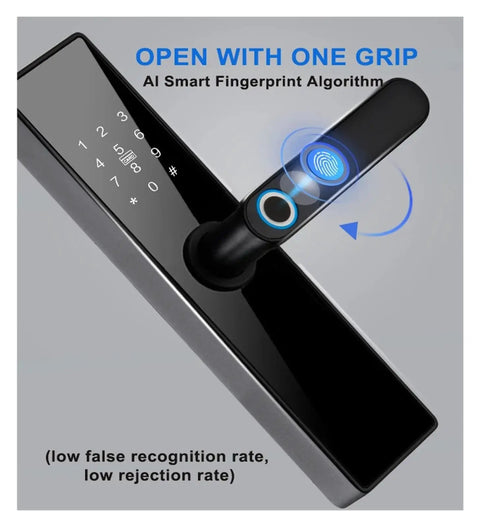WiFi Smart Door Lock With Fingerprint Keyless Entry Electronic Security System App Control Passcode And IC Card Backup Built In Voice Prompt. Close up of fingerprint reader with a sleek black finish and numeric keypad.