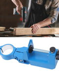 Premium Adjustable Bench Drill Stand Mount Featuring 360 Swivel Head in use, showing drill fixture on wood block.