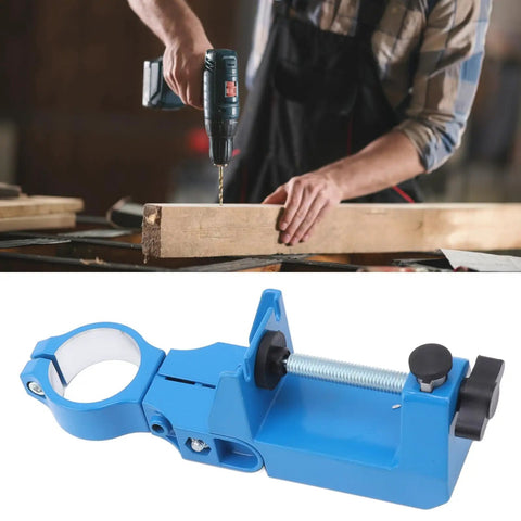 Premium Adjustable Bench Drill Stand Mount Featuring 360 Swivel Head in use, showing drill fixture on wood block.