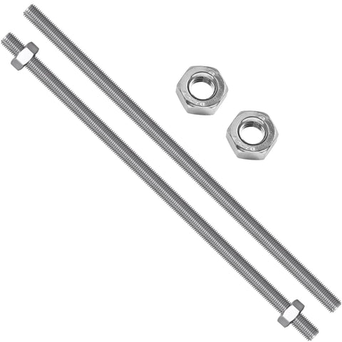 Two 3/8-16 stainless steel fully threaded rods with hex nuts, 10 inches long, right-hand threads.