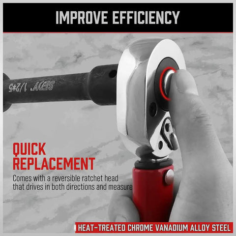 Half Inch Drive Click Torque Wrench With Locking Mechanism Pro Grade Build held with ratcheting head in use