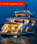 Luxury yacht illuminated by 12V LED Bulb 6W 600Lm E26 E27 Base 12 To 24V AC DC Ready 4 Pack For Off Grid Solar Battery Systems RV Camper Marine Lighting Warm White 2700K Energy Saving 60W Equivalent. Evening setting with visible lighting on deck, emphasizing the warm white glow perfect for marine use.
