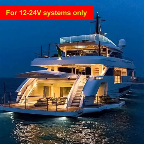 Luxury yacht illuminated by 12V LED Bulb 6W 600Lm E26 E27 Base 12 To 24V AC DC Ready 4 Pack For Off Grid Solar Battery Systems RV Camper Marine Lighting Warm White 2700K Energy Saving 60W Equivalent. Evening setting with visible lighting on deck, emphasizing the warm white glow perfect for marine use.