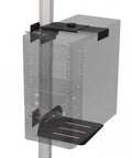 Under Desk PC Mount Adjustable Clamp On Computer Tower Stand Zero Hassle Setup Universal CPU Holder With Grippy Non Slip Pads Holds Up To 44 Lbs side view of the steel clamp attached to a CPU case.