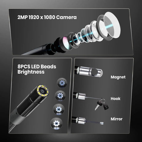 MV108S Digital Inspection Camera 1920x1080 HD 2MP Bore Scope With 8.5mm Imager Head For Tight Pipes And Narrow Corners Clear Crisp Images For Plumbing Automotive And Home Diagnostics showing 8 LED beads and magnet, hook, mirror attachments