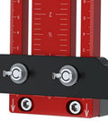 Close up of the Heavy Duty Cabinet Door Mounting Jig, showing precision measurements and adjustable clamps for accurate hinge installation.