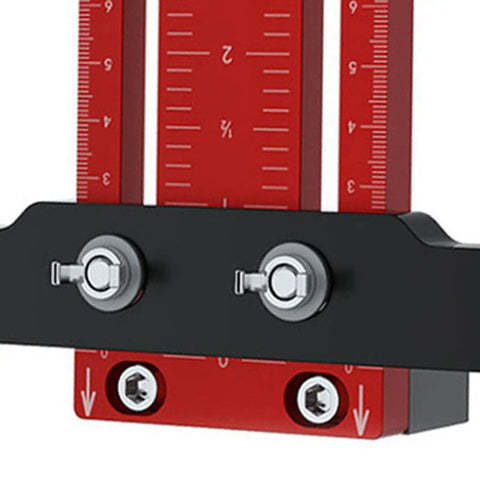 Close up of the Heavy Duty Cabinet Door Mounting Jig, showing precision measurements and adjustable clamps for accurate hinge installation.