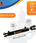 Hydraulic cylinder, 1.5 in bore x 6 in stroke, double-acting welded clevis, black body with AMRAP Hydraulics logo