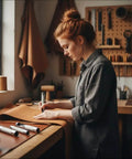 Person working on leathercraft in their workshop, surrounded by tools and materials for crafting belts, bags, and upholstery.