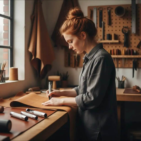 Person working on leathercraft in their workshop, surrounded by tools and materials for crafting belts, bags, and upholstery.