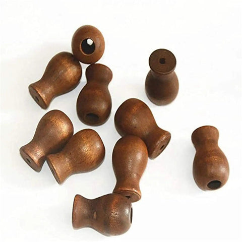 Slick Wood Window Blind Cord Knobs 12 Pack Brown Vase Shape Curtain Rope Pull Ends And Shade Drop Caps arranged on a white surface.