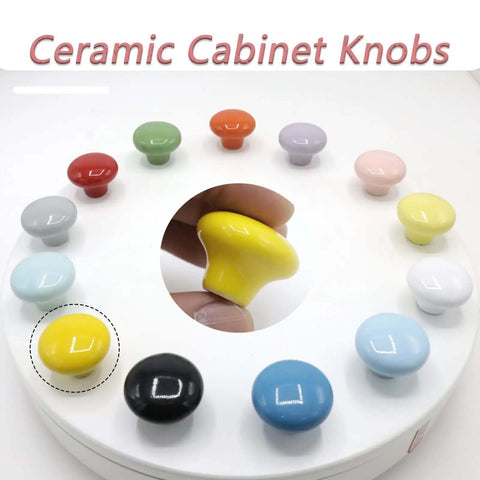 Snag These Hella Durable Yellow Ceramic Cabinet Knobs 10 Pack 32mm Round Drawer Pulls With Full Mounting Hardware Set For Kitchen Cupboard Make Your Place Look Absolutely Lit. Bright yellow ceramic knob close-up among colorful cabinet knobs.