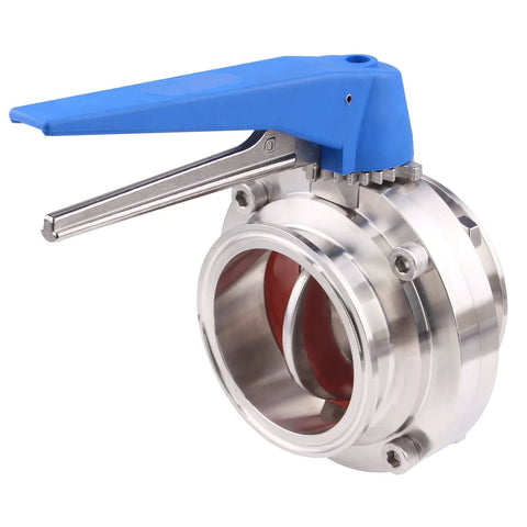 3-inch stainless steel 304 butterfly valve with blue trigger handle and tri-clamp ends