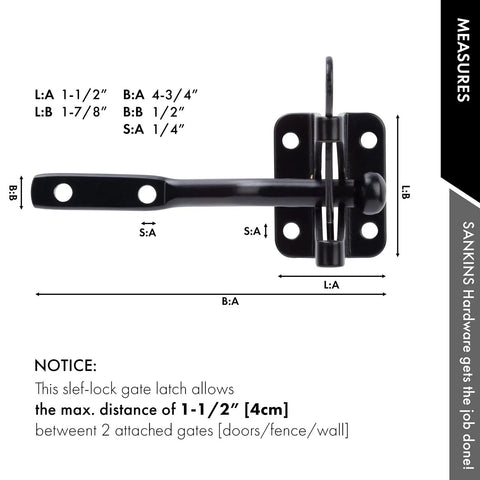 Heavy Duty Self Locking Gate Latch Built Tough For Wood Or Metal Backyard Gates with measurements for installation.