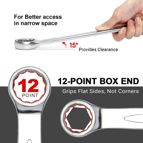 36mm Metric 12 Point Box End Wrench With 15 Degree Offset Chrome Vanadium Steel Industrial Grade illustration showing features