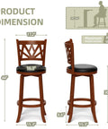 Front and side view of 360 Degree Swivel Bar Stools Set Of 2 For Kitchen Island And Bar Farmhouse 30 Inch Height Chairs with dimensions.