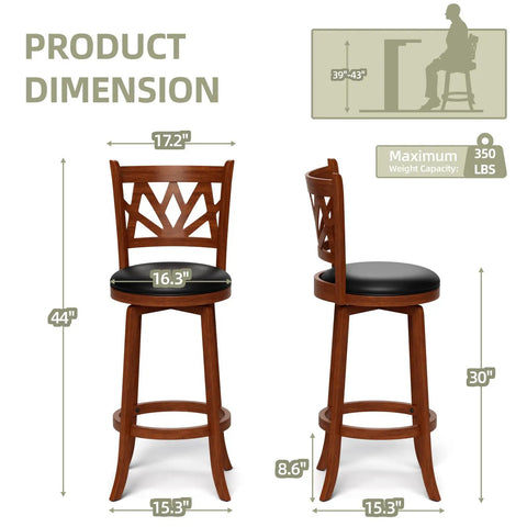 Front and side view of 360 Degree Swivel Bar Stools Set Of 2 For Kitchen Island And Bar Farmhouse 30 Inch Height Chairs with dimensions.