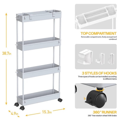 Slim 4 Tier Storage Cart, Rolling Utility Organizer, Mobile Shelving Unit With Slide Out for narrow spaces, gray