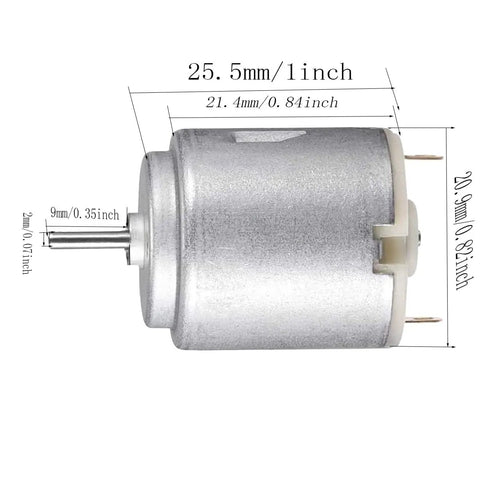 Side view of Five Pack Mini DC Motors 1 To 6 Volt High RPM 5000 To 20000 For DIY Toys Science Projects RC Boats with dimensions.