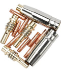 Premium 15AK TIG Welding Nozzle And Collet Set For MIG Torch With High Conductivity Copper Tips, 0.8mm And 1.0mm Sizes, 16 Piece Consumable Kit showing tips and parts for welding.