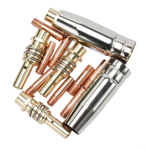 Premium 15AK TIG Welding Nozzle And Collet Set For MIG Torch With High Conductivity Copper Tips, 0.8mm And 1.0mm Sizes, 16 Piece Consumable Kit showing tips and parts for welding.
