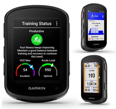 Garmin Edge 540 GPS Cycling Computer With Button Controls, showing training status, map navigation, and performance metrics.