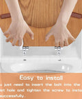 Hands installing a round wooden toilet seat with metal hinges, compatible with American Standard toilets, eco-friendly and durable.