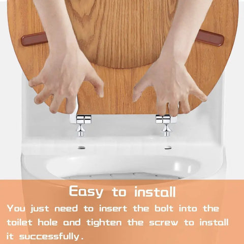 Hands installing a round wooden toilet seat with metal hinges, compatible with American Standard toilets, eco-friendly and durable.